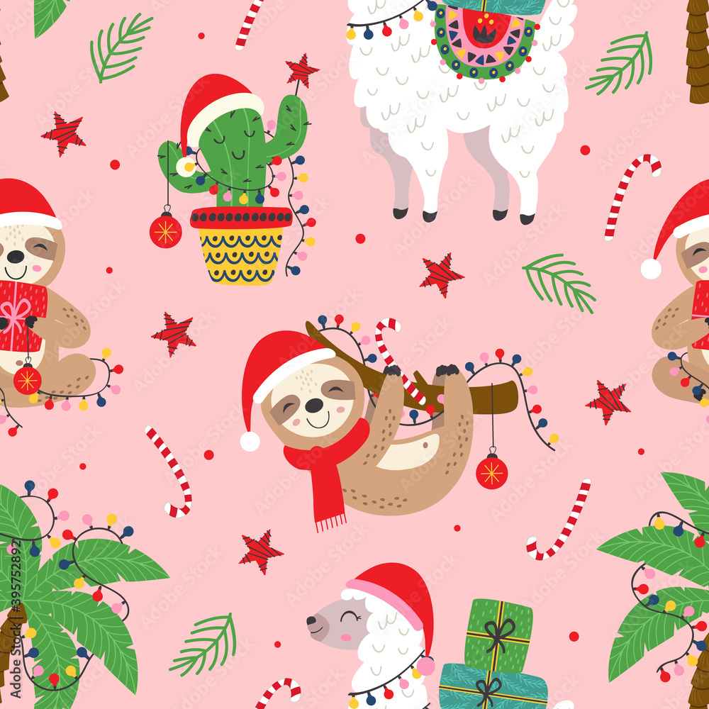 Fototapeta premium seamless pattern with Christmas llama, sloth and cactus
