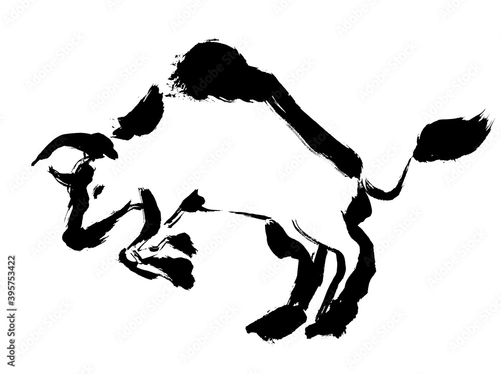 牛のの手描きの和風イラスト 筆書きの線画の力強いイラスト Stock Vector Adobe Stock