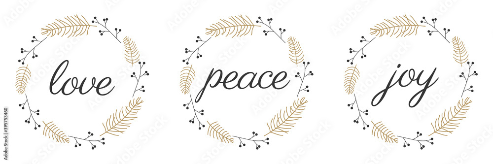Love peace joy calligraphy inscription on a white background. Vector illustration. - obrazy, fototapety, plakaty 
