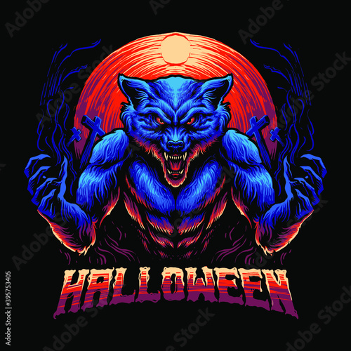 Photo blue werewolf halloween vector illustration