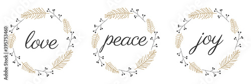 Love peace joy calligraphy inscription on a white background. Vector illustration.