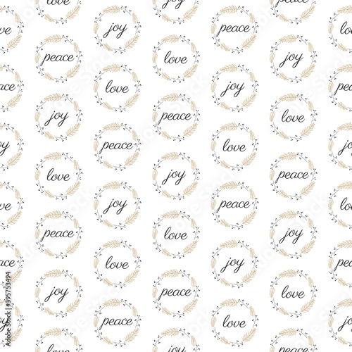Love peace joy calligraphy inscription. Seamless vector illustration.