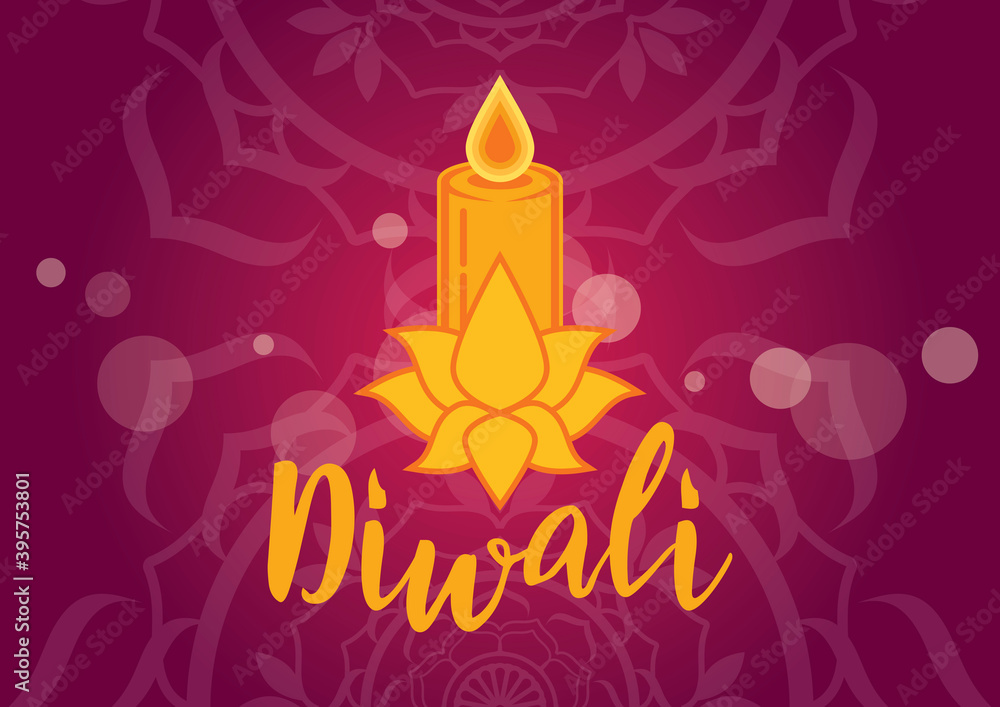 Happy Diwali Poster with candle and lotus flower on a purple background vector. Religious Diwali festival of lights in india vector. Yellow candle and mandala icon. Indian holiday diwali vector Happy Diwali Poster with candle and lotus flower on a purple background vector. Religious Diwali festival of lights in india vector. Yellow candle and mandala icon. Indian holiday diwali vector
