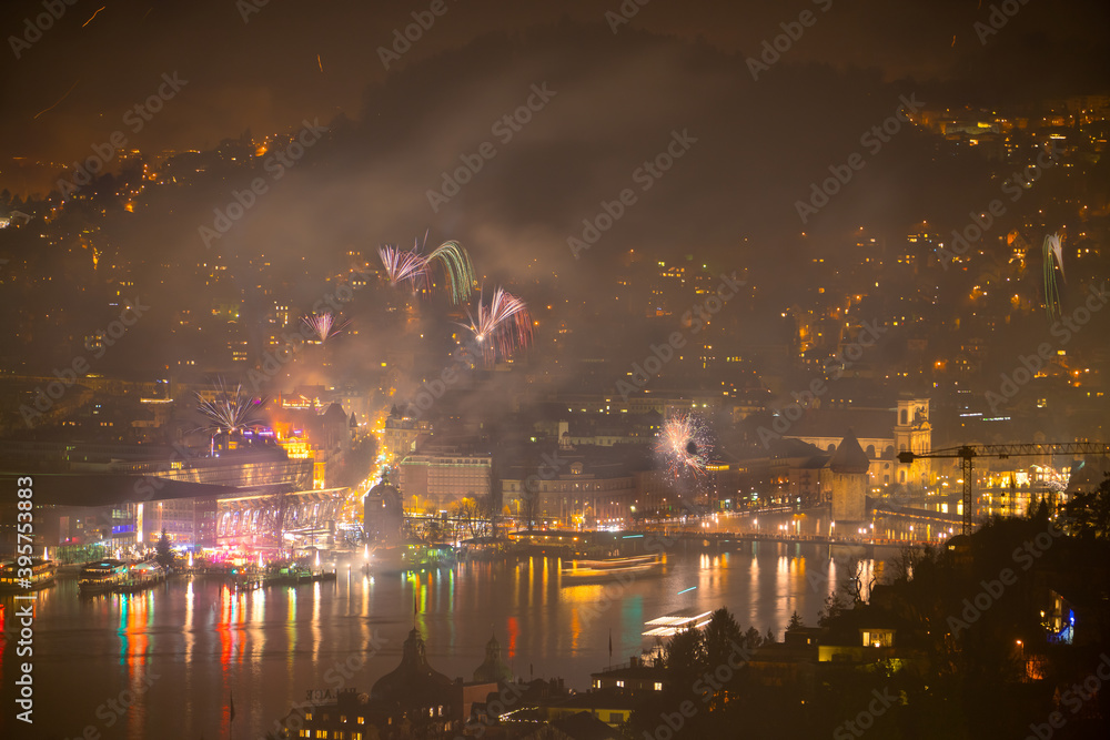 Fototapeta premium New year celebration lights over the central part of Lucerne/Luzern city in central Switzerland