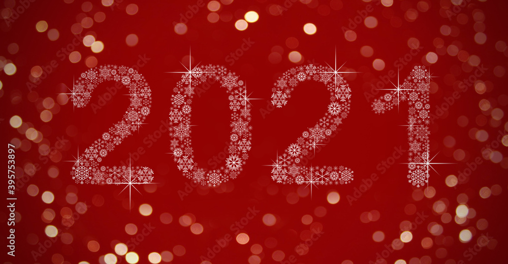 Happy new year. numbers 2021 of snowflakes on a red background and bokeh.