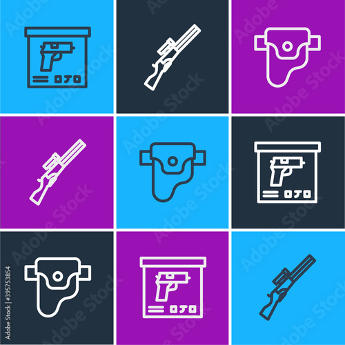 Set line Military ammunition box, Gun in holster and Hunting gun icon. Vector.