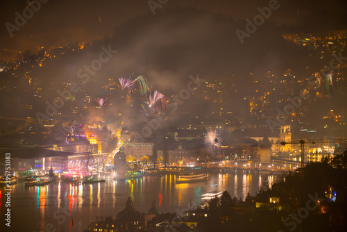 New year celebration lights over the central part of Lucerne/Luzern city in central Switzerland