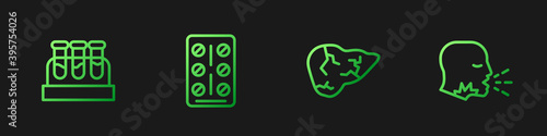 Set line Hepatitis virus, Test tube with blood, Pills in blister pack and Man coughing. Gradient color icons. Vector.