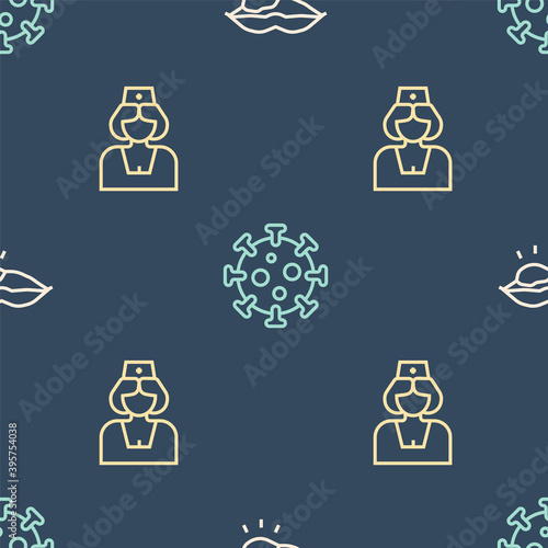 Set line Herpes lip, Nurse and Virus on seamless pattern. Vector.
