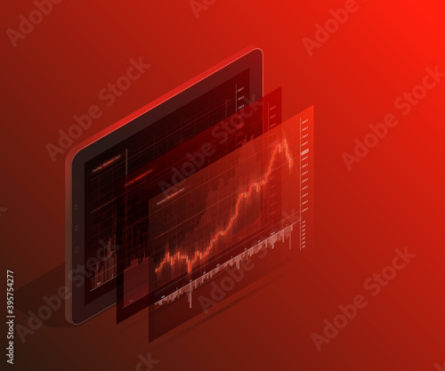 Online 3d isometry statistics data Analytics. Digital money market, investment, finance trading. Perfect web design, banner presentation. Isometric isometry illustration. Forex market trading 3d phone