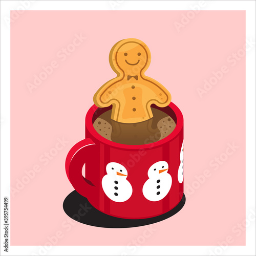 Merry Christmas Illustration. Vector isometric of hot chocolate drink  in red mug with cute festive pattern. Cozy Christmas concept 