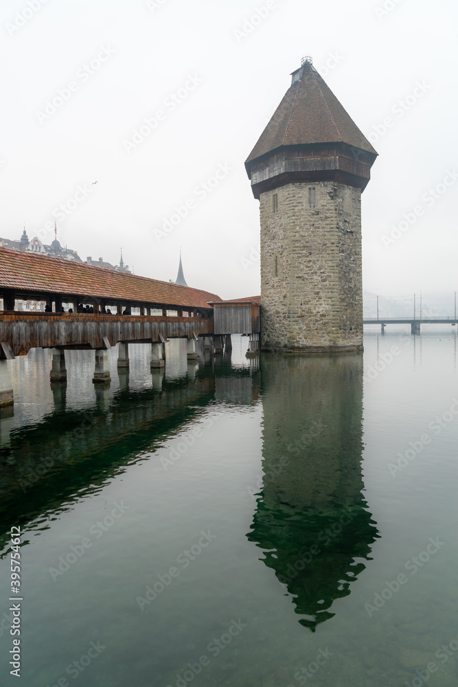 Foggy morning at the kapellbrücke on the first January in Luzern, Switzerland