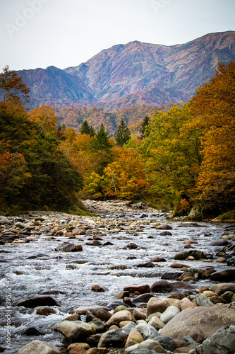 紅葉と川と山