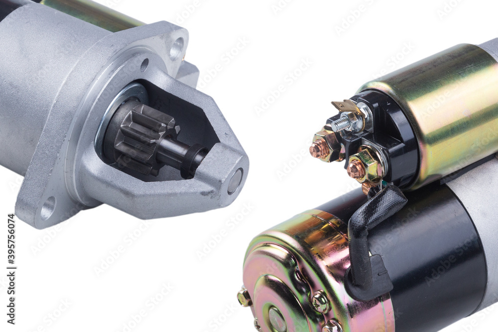 Electric Starter for a car with solenoid isolated on white background. Car spare parts Electric Starter for a car with solenoid isolated on white background. Car spare parts