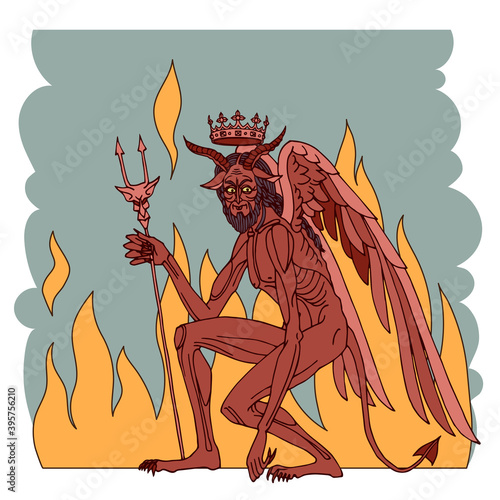 satan, devil with crown and flames, king of the hell, religious symbol of evil, orthodox icon, color vector illustration isolated on a white background in a cartoon and hand drawn style