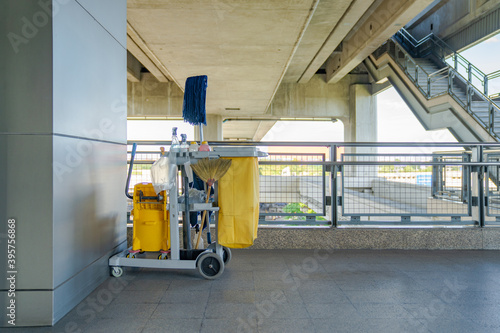 Professional Cleaning Trolley equipment is parked at the outdoor field and ready for everyday use.