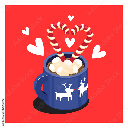 Merry Christmas Illustration. Vector isometric of hot chocolate drink  in red mug with cute festive pattern. Cozy Christmas concept 