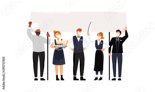 Service workers wearing face masks protest at a meeting during a coronavirus pandemic. Vector illustration