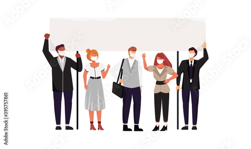Entrepreneurs, businessmen and office workers wearing face masks protest at a meeting. Vector illustration