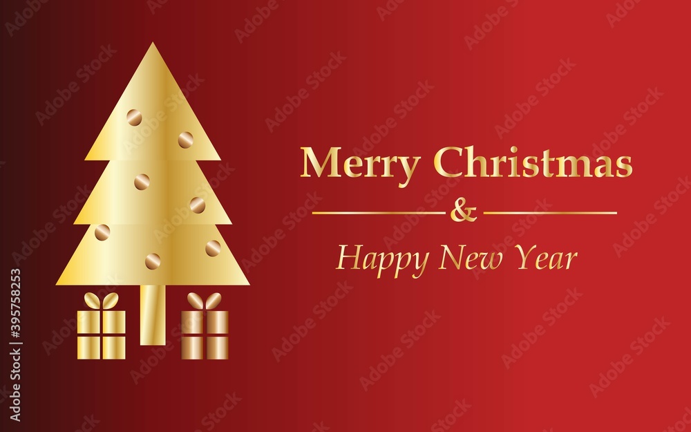 christmas card with golden christmas tree, deep red background