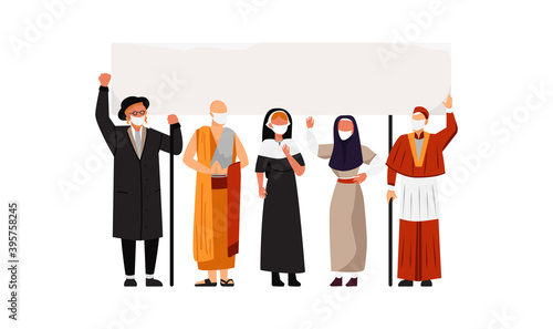 People of different religions in face masks protest during a coronavirus pandemic. Vector illustration