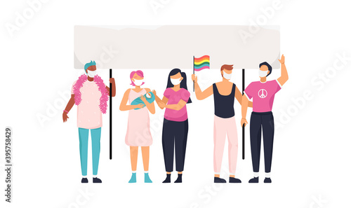 LGBT activists in face masks protest at a meeting against the restriction during a coronavirus pandemic. Vector illustration