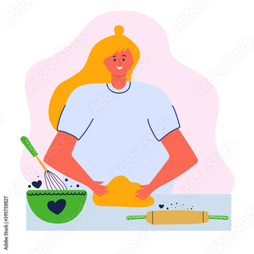 Young woman kneads dough, baking concept. Flat illustration.