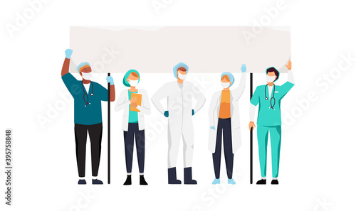 medical workers and doctors in face masks protest during a coronavirus pandemic. Vector illustration