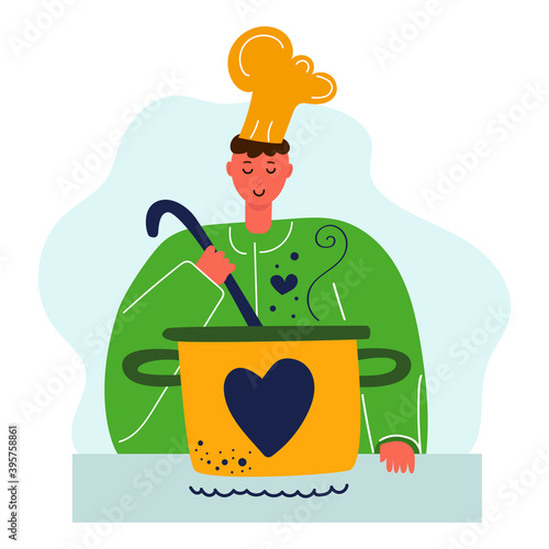 Hand drawn male chef prepares soup in a pot and stir it with ladle. Flat illustration. Cooking, kitchen concept. 
