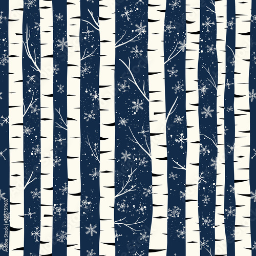 Winter birch forest pattern, vector background with hand drawn birch trees and snowflakes, forest seamless pattern