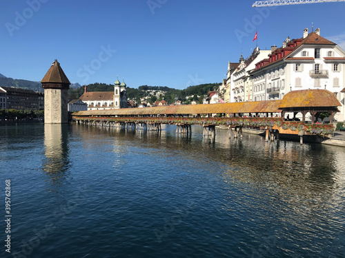 Historic city center of Lucerne with famous Chapel Bridge on Reuss River in Switzerland