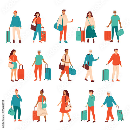 Collection of happy young and senior men and women of diverse nationalities. People are standing with suitcases and travel bags. Travel, business trip, tourism. Set of isolated vector illustrations