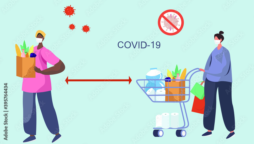 People with Shopping Cart Keeping Social Distancing two Metres and Coronavirus covid-19 Prevention in Shop.Characters in Medical Mask Buying Groceries.Protect yourself.Flat Vector Illustration People with Shopping Cart Keeping Social Distancing two Metres and Coronavirus covid-19 Prevention in Shop.Characters in Medical Mask Buying Groceries.Protect yourself.Flat Vector Illustration