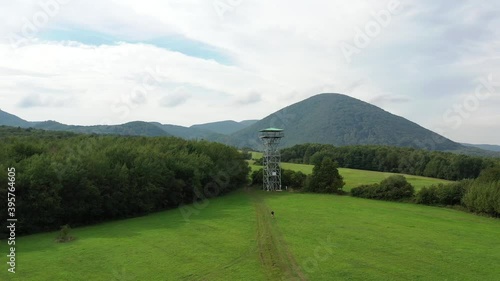 Aerial view of the Zlatnik lookout tower in the Slanske vrchy locality near the village of Bystre in Slovakia photo