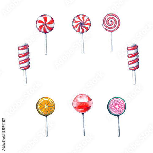 colored pencil illustration of Christmas lollipops collections