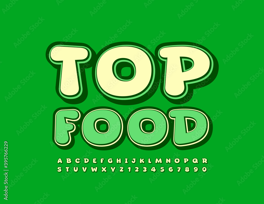 Vector green logo Top Food. Creative 3D Font. Trendy Alphabet Letters and Numbers Vector green logo Top Food. Creative 3D Font. Trendy Alphabet Letters and Numbers