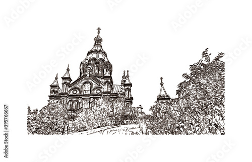 Building view with landmark of Kamppi Centre is a complex in the Kamppi district in the centre of Helsinki, Finland. Hand drawn sketch illustration in vector.