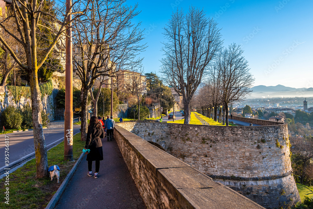 Fototapeta premium Citta Alta and Venetian wall view from Porta San Giacomo in Bergamo City