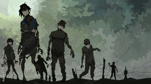 group of cartoon scary zombies in medical masks broke through the fence