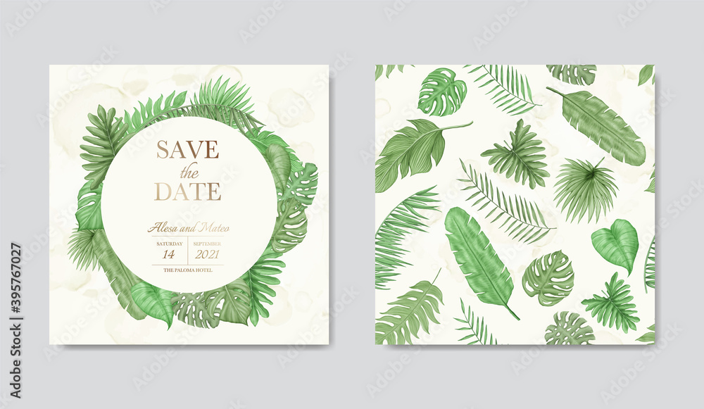Save the date of wedding invitation card template with tropical floral greenery bouquet and seamless pattern bundle