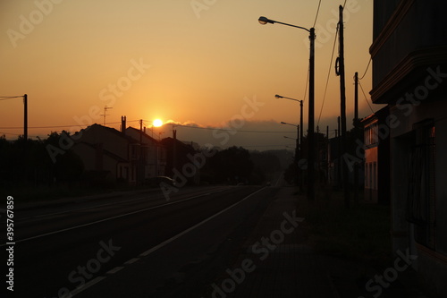 Sunrise in the road of a small town in spain