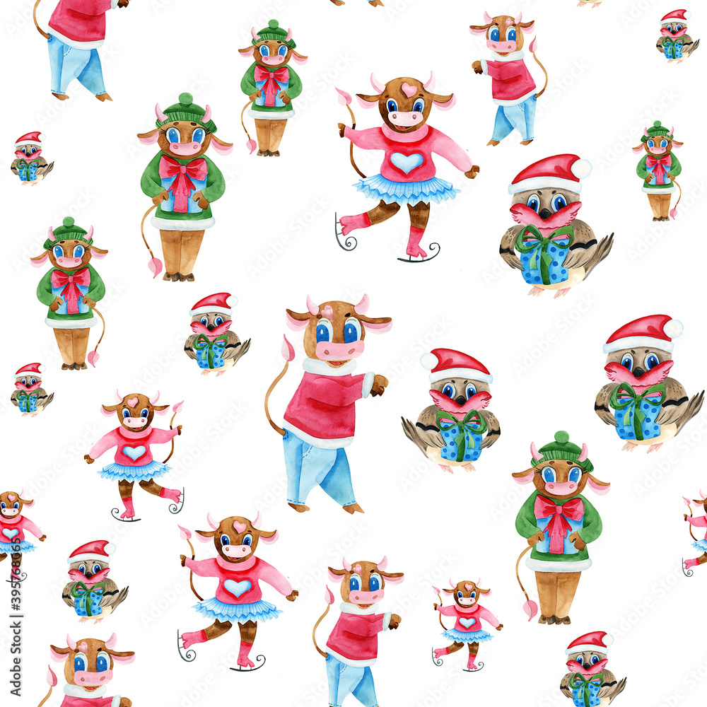 New Year Seamless pattern with cute bull. 2021 The year of the ox. New Year Seamless pattern with cute bull. 2021 The year of the ox.