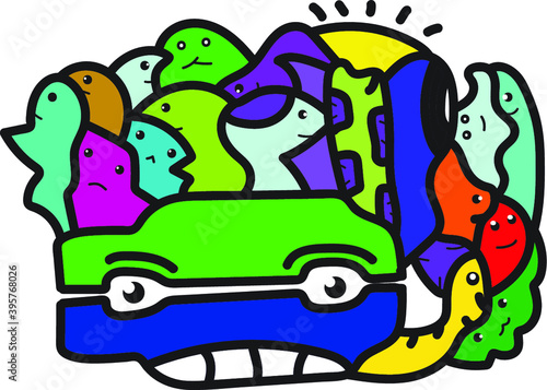 car with a character monster doodle art