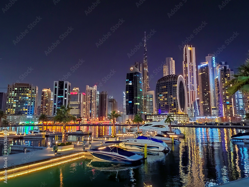 Downtown Dubai modern cityscape skyline view from the Marasi marina in the Business Bay