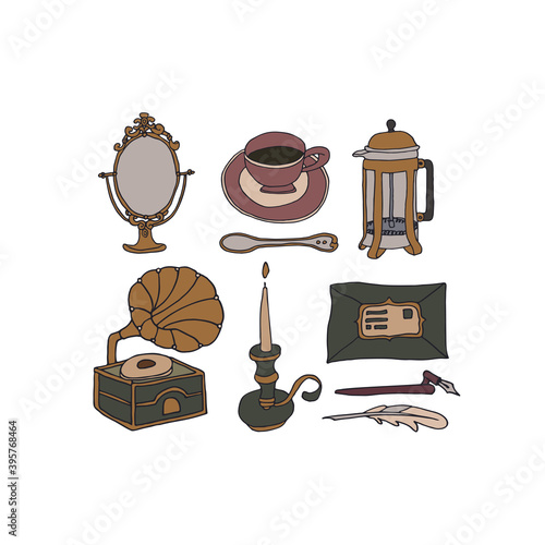 Dark Academia room set. Vintage elements collection. Old mirror, candle, gramophone, french press, coffee cup and feather. Hand written letter and ink. Antique aesthetic vector illustration