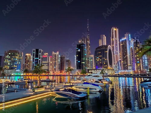 Downtown Dubai modern cityscape skyline view from the Marasi marina in the Business Bay