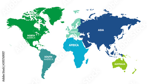 World map divided into six continents in different color. World map 6 continents isolated on white background. Vector stock