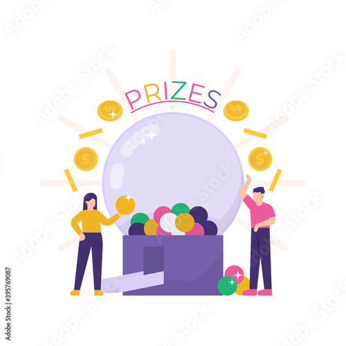 lucky draw event concept. illustration of a team or men and women trying to enter a sweepstakes to get prize money. lottery machine. mysterious and surprise gifts. flat style. design elements.
