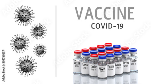 Vaccine vials against coronavirus COVID-19 isolated on white background. Vaccination all over  planet Earth. 3d rendering