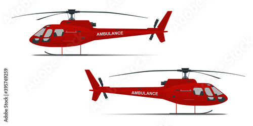 Rescue helicopter side view on a isolated white background. Red medical evacuation helicopter. Ambulance helicopter. Healthcare, hospital and medical diagnostics.